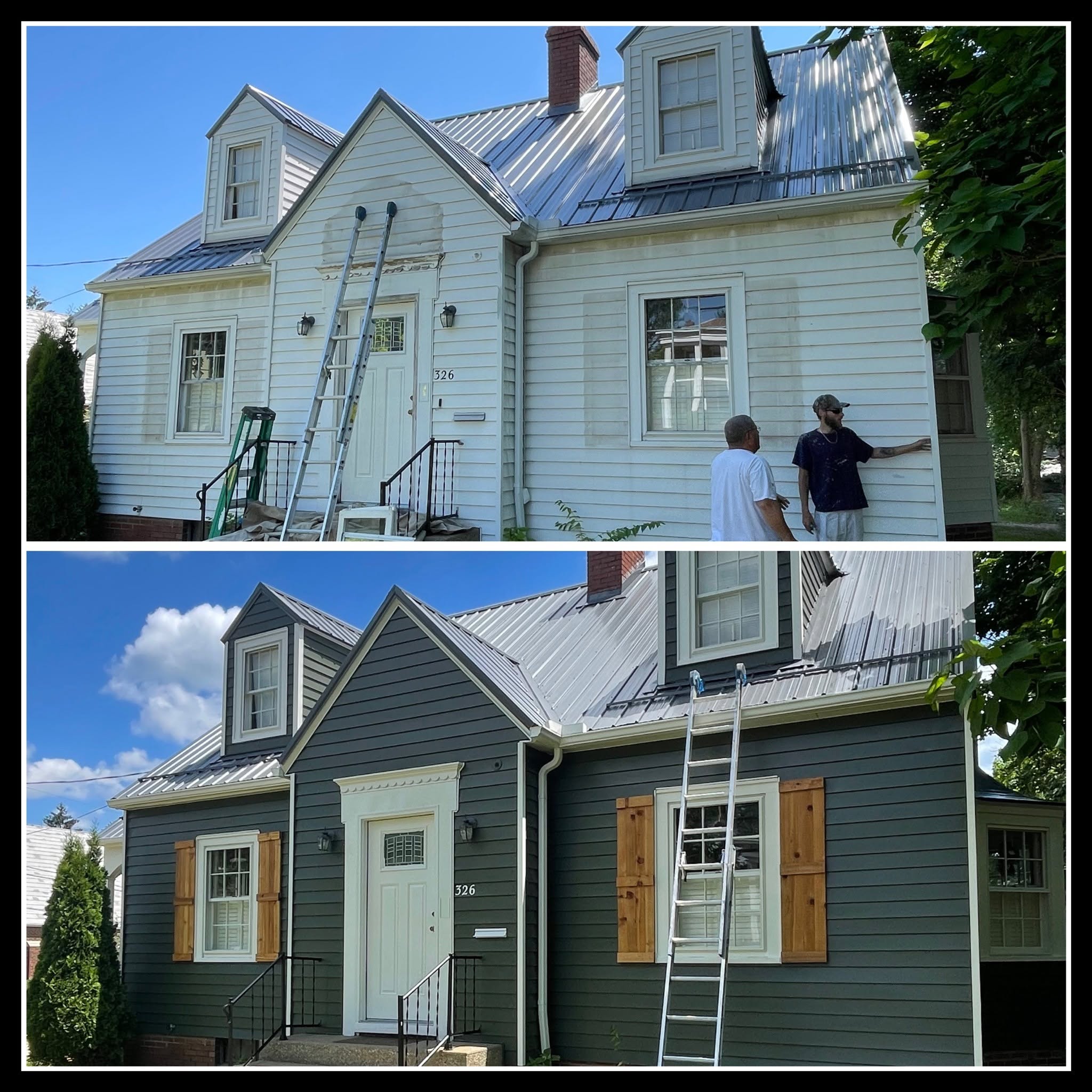 House after charcoal exterior painting and wood shutter installation