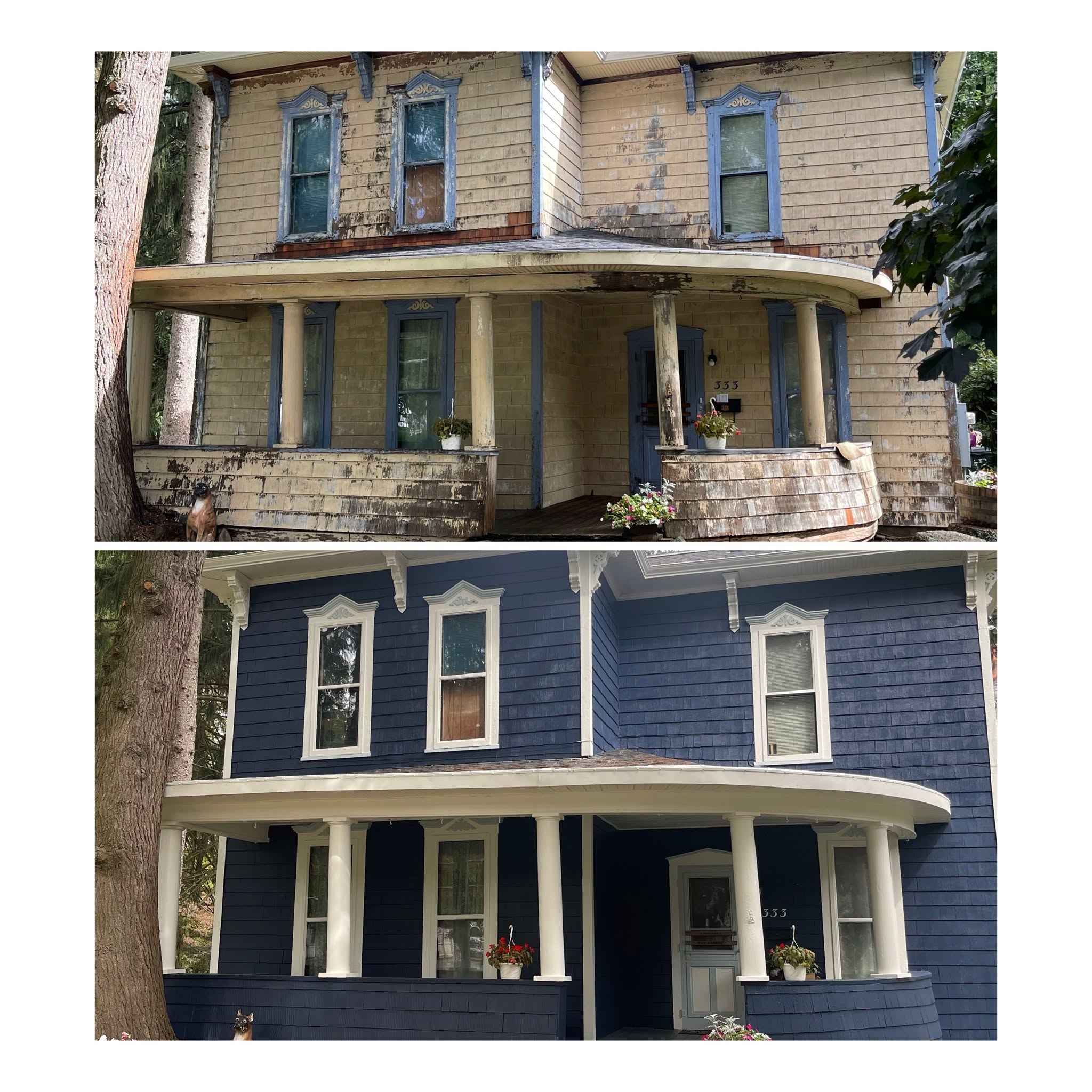 Victorian home after deep blue and white exterior painting